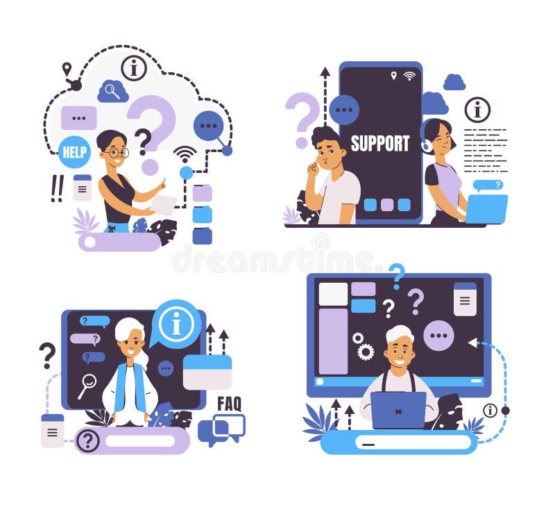 Question concept. Call center and customer support, online help and web forum, frequently asked questions. Vector royalty free illustration