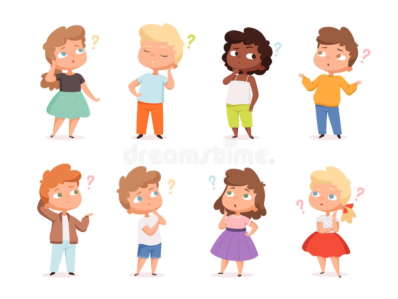 Question expression kids. Little genius high iq teenagers with question marks thinking vector illustrations royalty free illustration