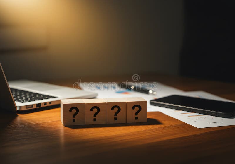 Question mark blocks on desk with laptop and phone business concept uncertainty and problem solving 100 vector illustration
