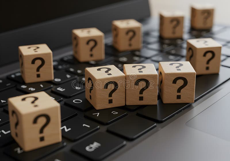 Question mark blocks on laptop keyboard concept for uncertainty and problem solving online research tool vector illustration