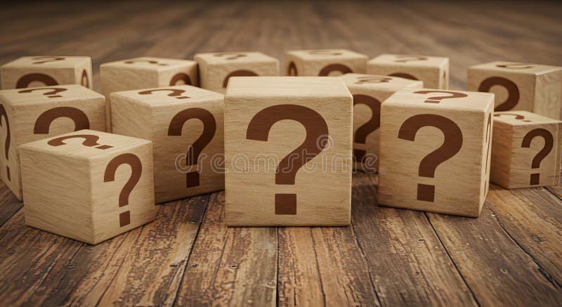 Question mark blocks on wood background concept for faq problem solving and uncertainty challenge idea stock illustration