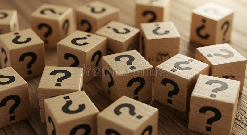 Question mark blocks wooden cubes uncertainty mystery concept what why when where how who which vector illustration