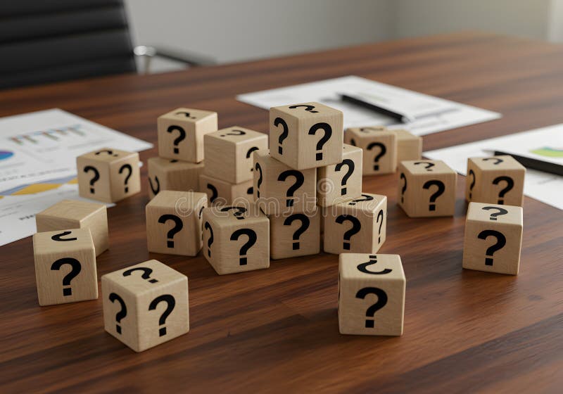 Question mark blocks on wooden table concept of uncertainty problem solving and decision making process vector illustration