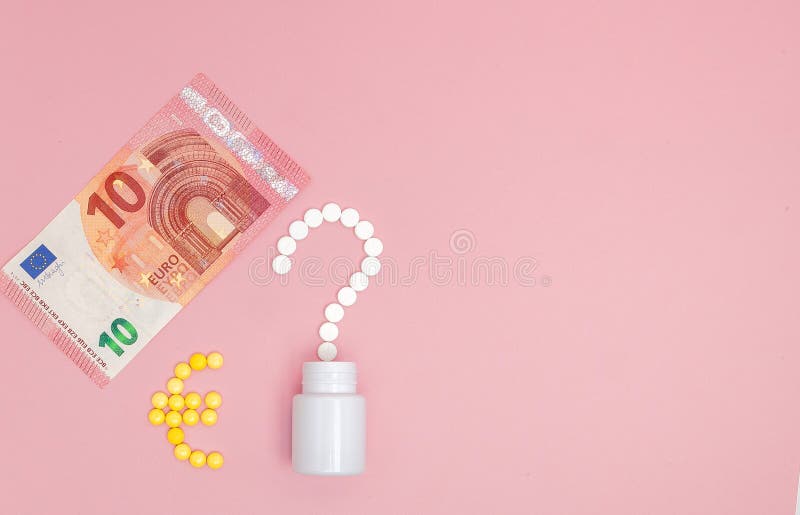 A question mark and euro mark laid out of pills and 10 euro on a pink background. Concept of medicine, money and health royalty free stock image A question mark and euro mark laid out of pills and 10 euro on a pink background. Concept of medicine, money and health royalty free stock image