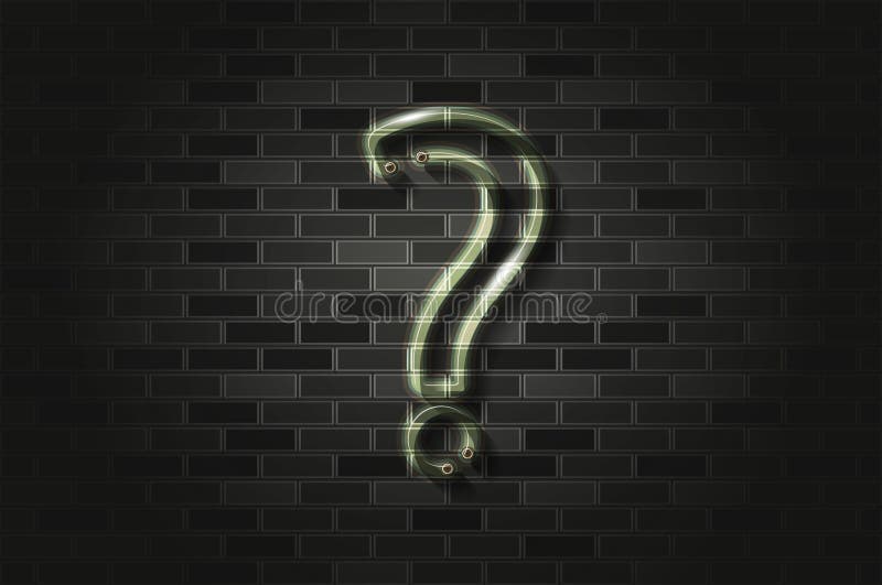 Question mark glowing neon sign or glass tube on a black brick wall. Realistic vector art