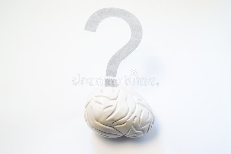 Question mark hangs over 3D model of brain. Concept photo to refer difficult issues, problems, solutions, games, tasks for brain, stock image Question mark hangs over 3D model of brain. Concept photo to refer difficult issues, problems, solutions, games, tasks for brain, stock image