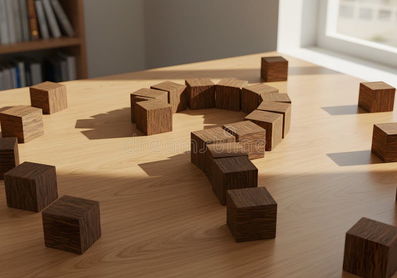 Question mark made of wooden blocks on table concept of uncertainty and problem solving strategy ideas stock illustration