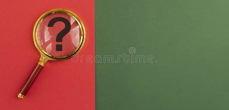 Question mark through magnifier on red and green banner. Q and finding answers concept. Background with copyspace stock photos