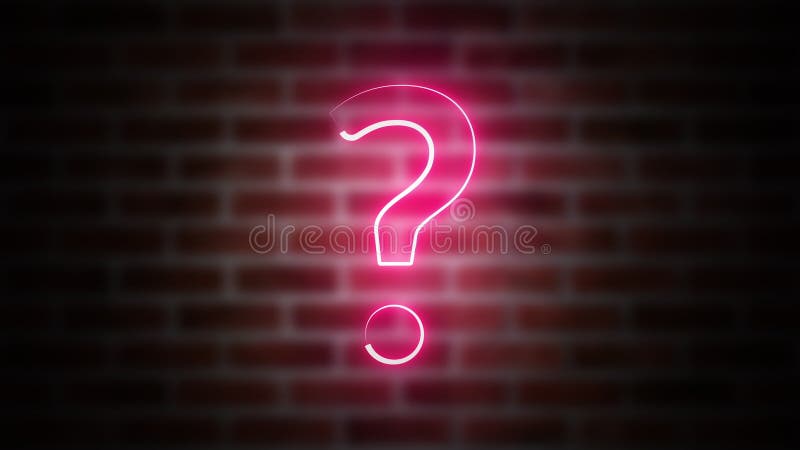 Question mark neon sign on a background of brickwork, computer generated. 3d rendering of wireframe symbol with glowing vector illustration