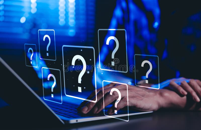 Question Mark and Problem Solving Concept. A person using a laptop with floating question marks, symbolizing brainstorming royalty free stock photo