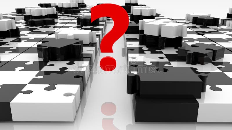Question mark between puzzle pieces in black and white royalty free illustration