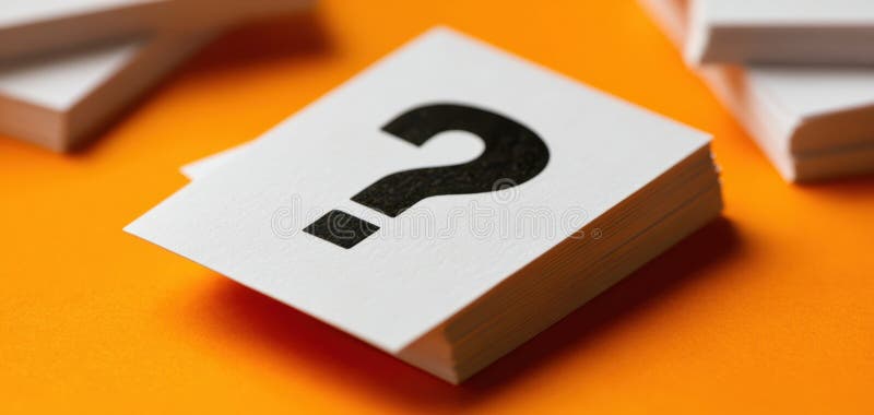 The question mark on a stack of cards against a vibrant orange background. image royalty free stock photos.
