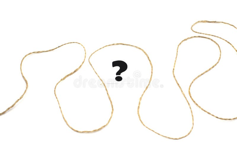 A question mark and a string of jute on a white background. FAQ frequency asked questions, answer, Brainstorming concepts