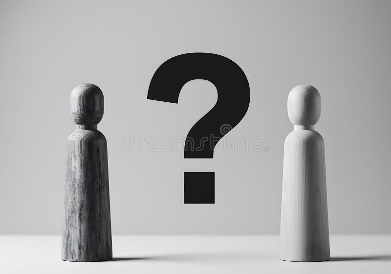 Question mark between two figures concept for decision making and problem solving uncertainty issues vector illustration