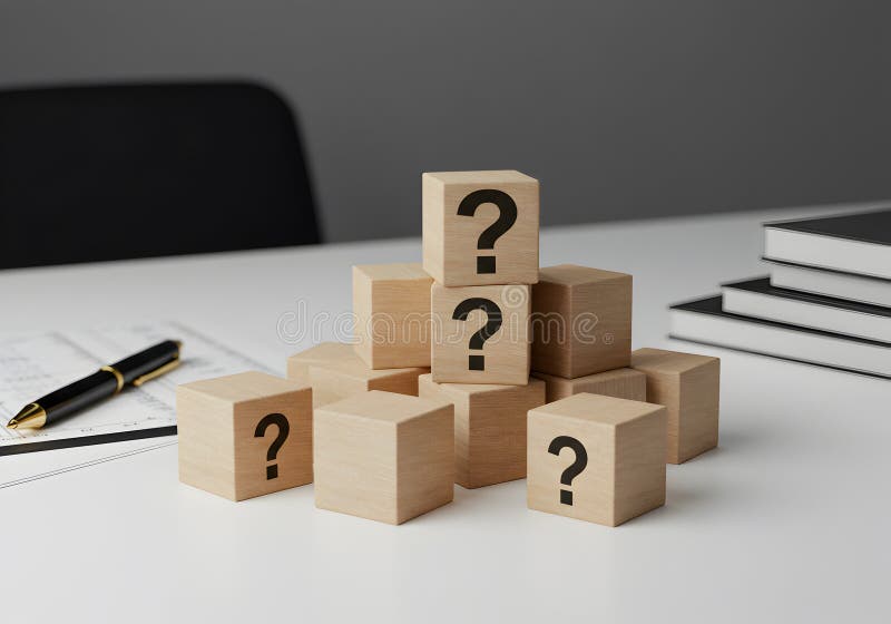 Question mark wooden blocks on desk concept for uncertainty problem solving and decision making process vector illustration