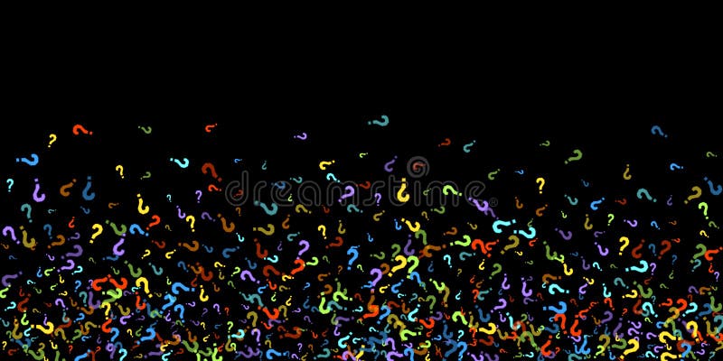 Question marks scattered on black background. Quiz, doubt, poll, survey, faq, interrogation, query background. Multicolored template for opinion poll, public poll. Rainbow color. Vector illustration. Question marks scattered on black background. Quiz, doubt, poll, survey, faq, interrogation, query background. Multicolored template for opinion poll, public poll. Rainbow color. Vector illustration