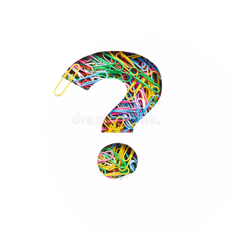 Question punctuation mark of paperclips and cut paper isolated on white. Colourful rainbow typeface of office supplies. High quality photo