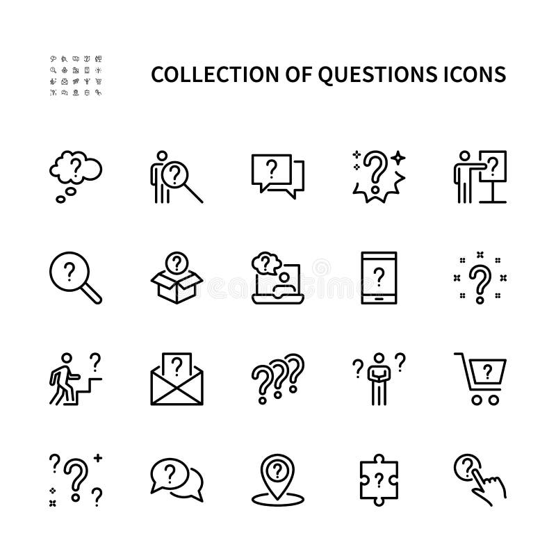 Questions and problem ask and think vector linear icons set. Isolated collection of questions icons for websites royalty free illustration