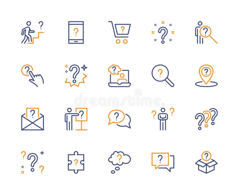 Questions and problem, vector linear colored icons set. Inquiry and reason. Isolated collection of question icon for websites. royalty free illustration