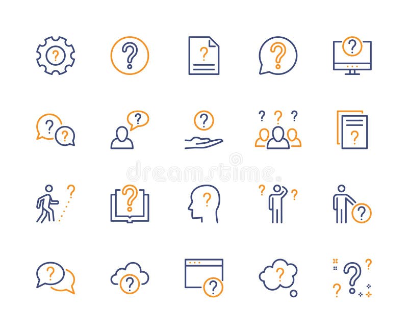 Questions and problem, vector linear colored icons set. Wonder. Isolated collection of question icon for websites vector illustration