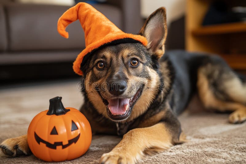 Questo bel cane di Halloween sta posando con una zucca mentre indossa un cappello da strega fotografia stock libera da diritti