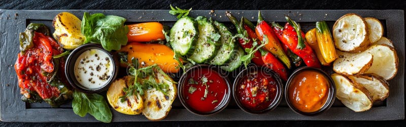 Questo elegante piatto vegetale presenta un colorato assortimento di verdure fresche ben disposte con un gourmet dipping fotografie stock libere da diritti