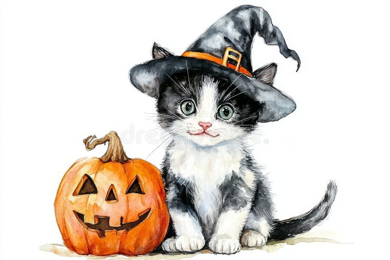 Questo gattino carino di Halloween vestito con un cappello da strega seduto su un puzzolente di zucca. Vignetta di colore d'acqua fotografia stock