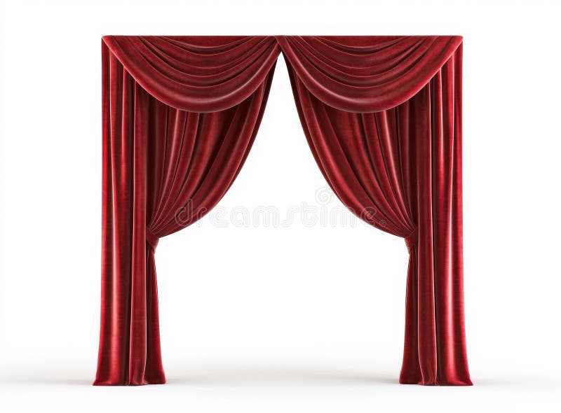 Questo grafico 3D presenta tende di teatro in tessuto rosso con fondo bianco semplice. illustrazione di stock
