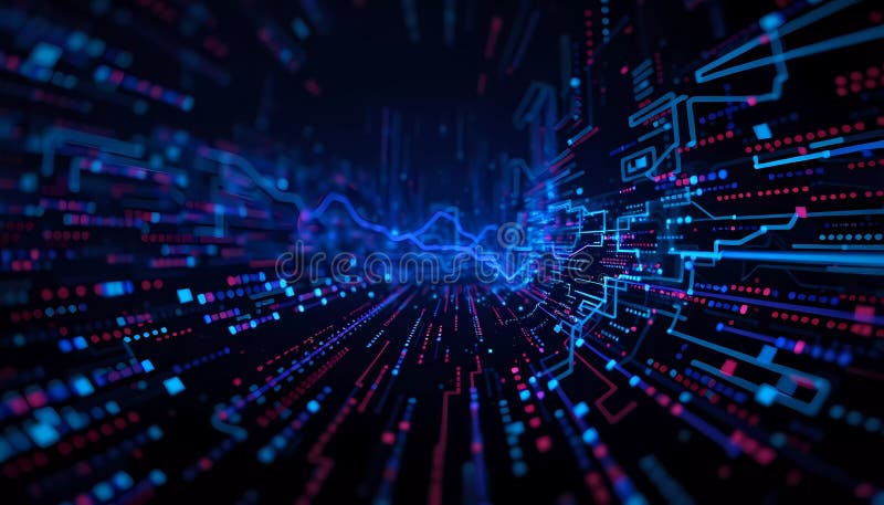 Questo grafico dinamico offre una visione dinamica della tecnologia digitale con flussi di dati in continuo flusso e onda audio a illustrazione di stock