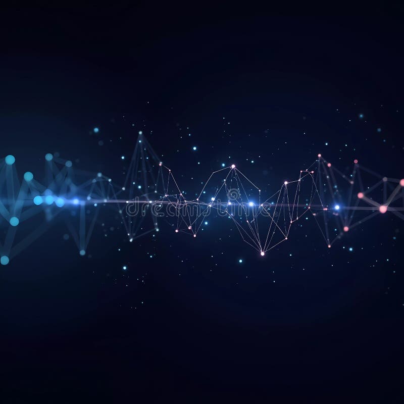 Questo grafico presenta una straordinaria rappresentazione digitale di onde audio intrecciate con modelli di dati tecnologici in illustrazione di stock