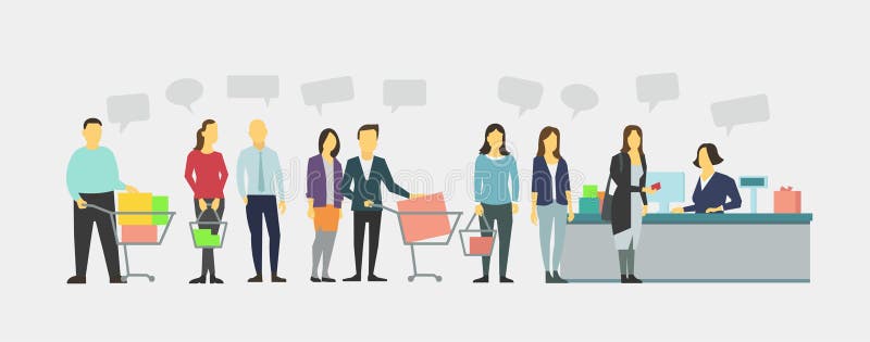 Queue different people in grocery store. Crowd staying in line. royalty free illustration