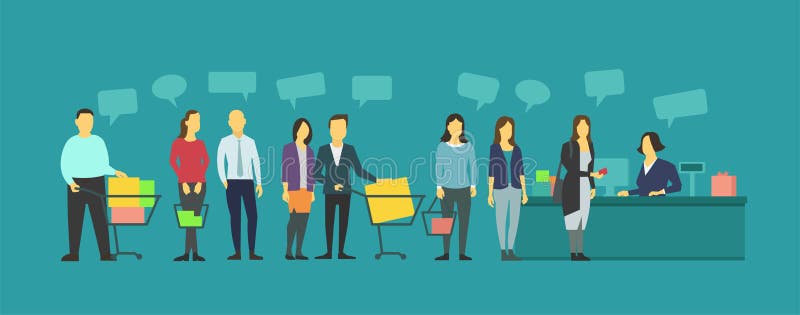 Queue different people in grocery store. Crowd staying in line. vector illustration