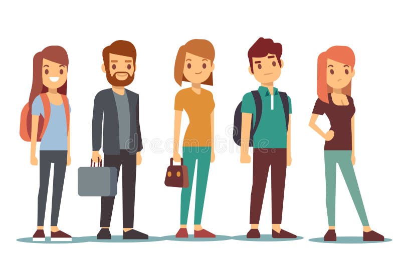 Queue of young people. Waiting women and men standing in line. Vector illustration stock illustration Queue of young people. Waiting women and men standing in line. Vector illustration stock illustration