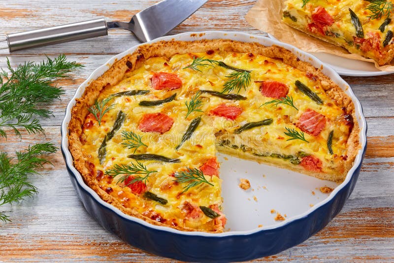 Quiche with Salmon, Green Bean and Emmental Cheese Stock Image - Image ...