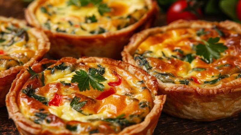 Quiches salées fourrées d'herbes légumes et fromage fondu de goey image stock