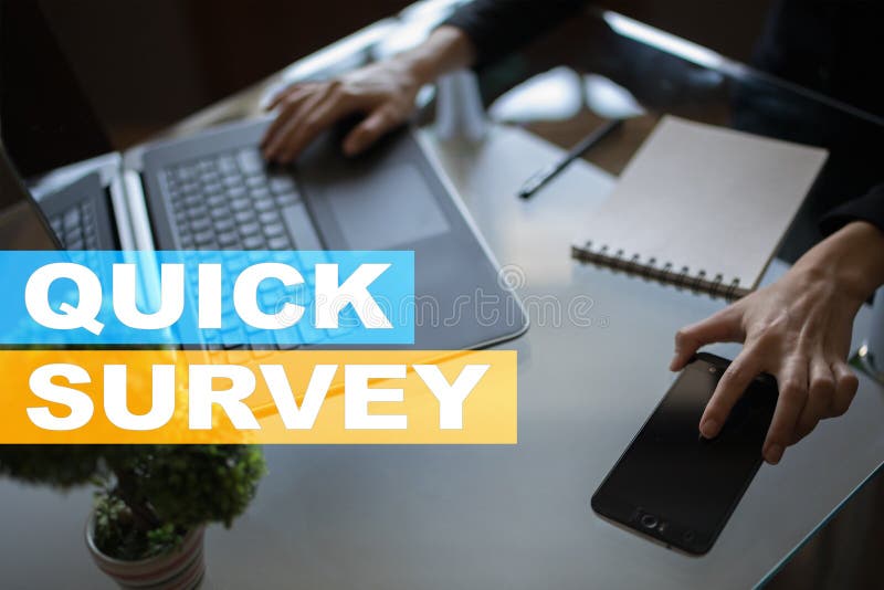 Quick survey text on virtual screen. Feedback and customers testimonials. Business internet and technology concept. stock photos