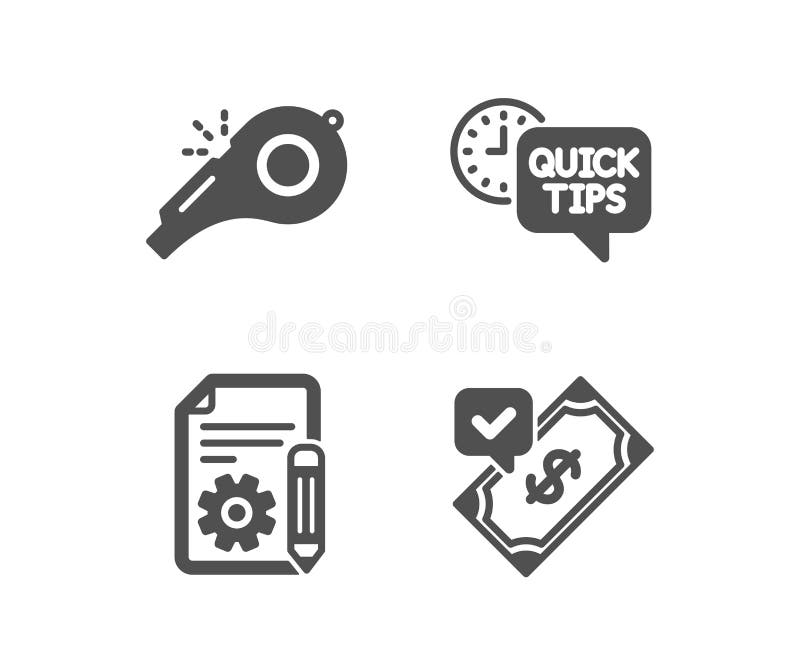 Quick Tips, Documentation and Whistle Icons. Accepted Payment Sign