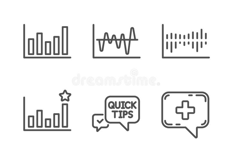 Quick tips, Efficacy and Column diagram icons set. Stock analysis, Column chart and Medical chat signs. Vector