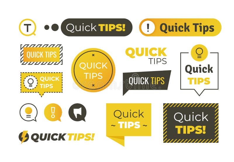 Quick tips shapes. Helpful tricks logos and banners, advices and suggestions emblems. Vector quick helpful tips stock illustration