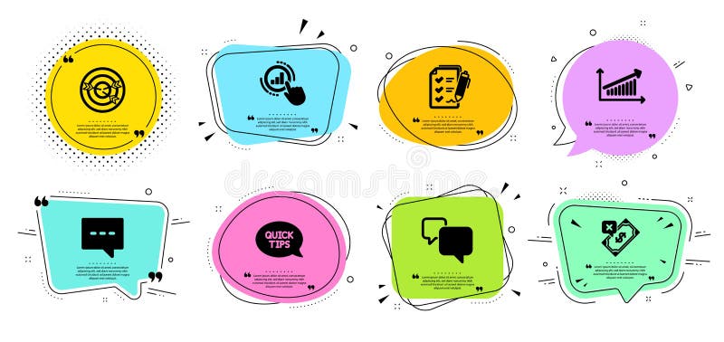 Quickstart guide, Blog and Chart icons set. Graph chart, Speech bubble and Targeting signs. Vector royalty free illustration