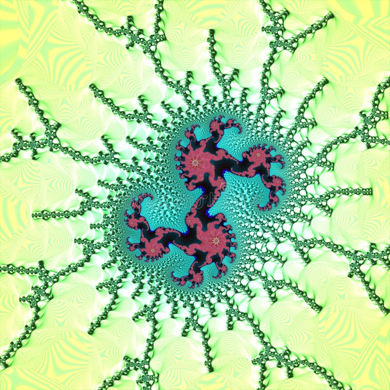 Quidähnlich miteinander verflochtene, spröde, rekursive Spirale im Mandelbrot-Set. mathematische Kunst. stock abbildung