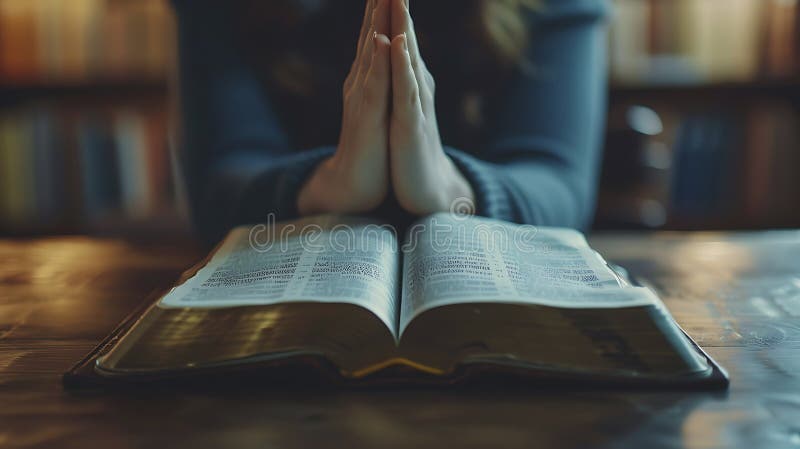 Quiet Devotion Hands Praying on a Holy Bible in the Sanctuary. Stock ...