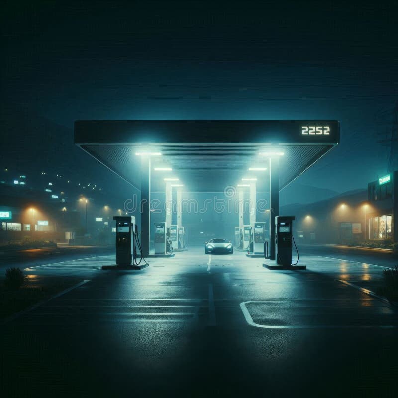 Quiet and Empty Petrol Station at Night in the Stillness of Darkness royalty free illustration