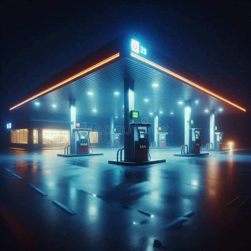 Quiet and Empty Petrol Station at Night in the Stillness of Darkness vector illustration