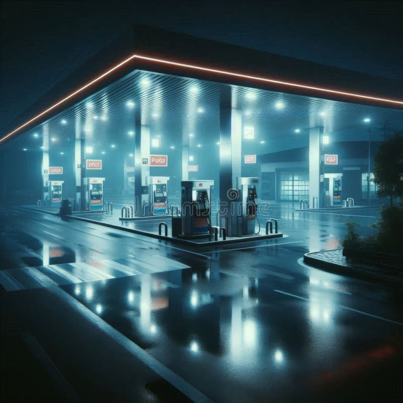 Quiet and Empty Petrol Station at Night in the Stillness of Darkness stock illustration
