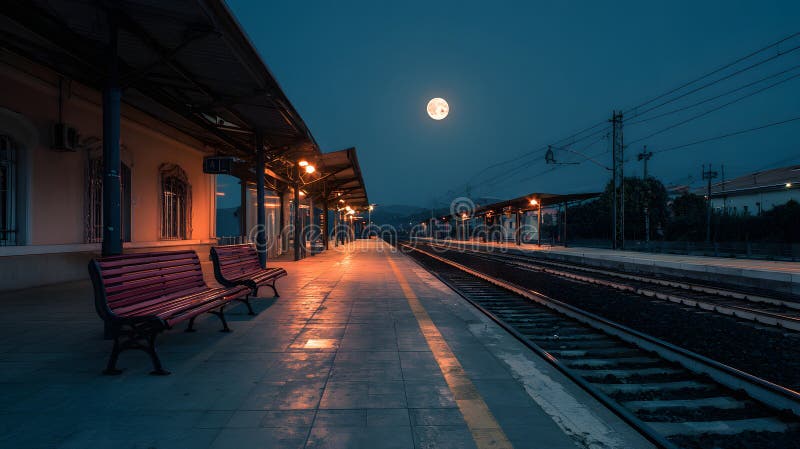 Quiet station platform illuminated by moonlight and platform lights at night stock illustration