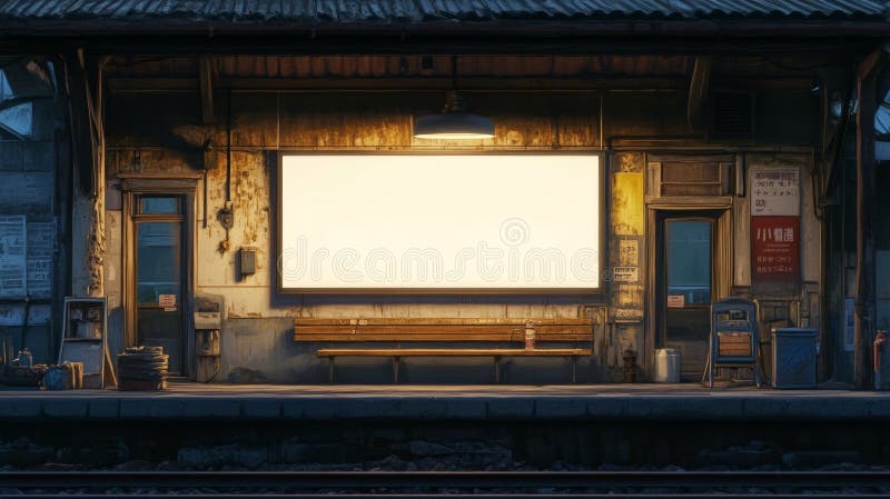 In a quiet train station at night, a blank billboard mocks up. royalty free illustration