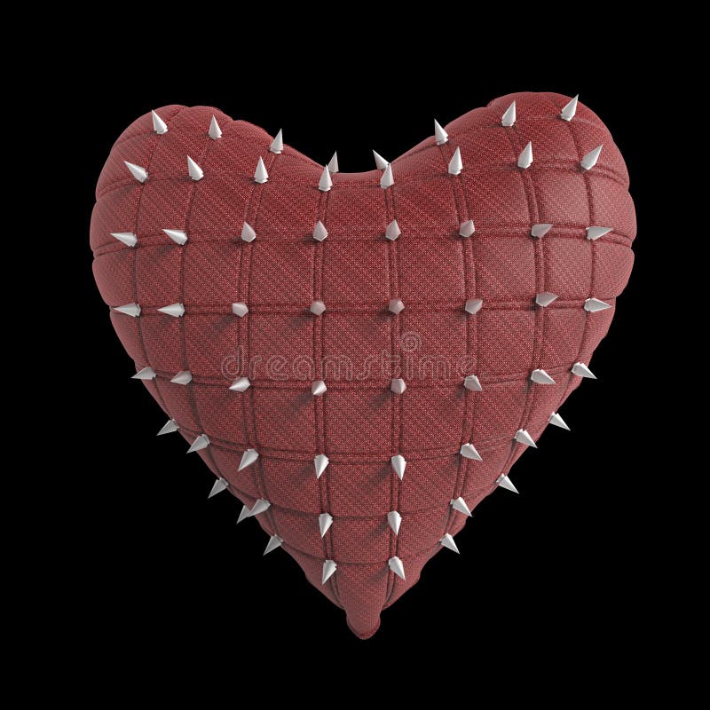 Quilted heart with silver, kinky metal, steel spikes on surface, isolated black background rendering. BDSM style valentine.