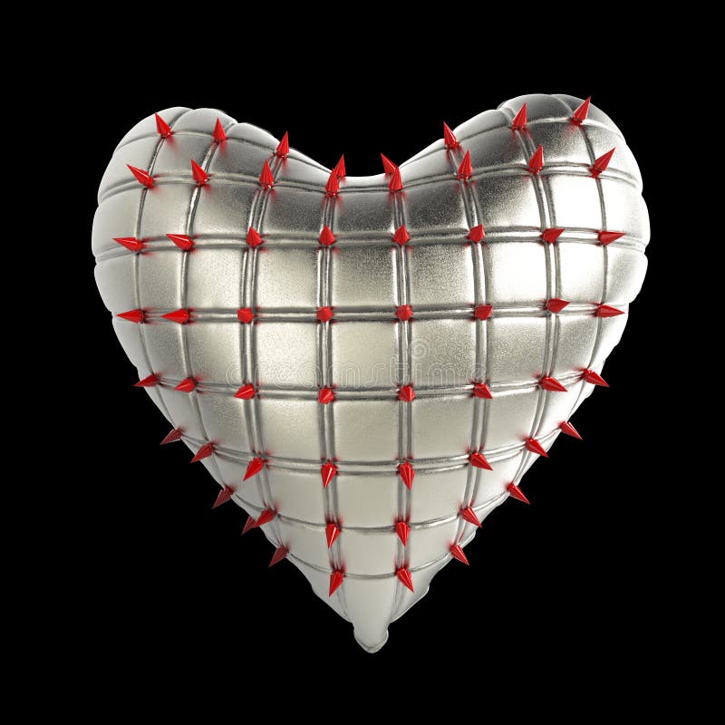 Quilted heart with silver, kinky metal, steel spikes on surface, isolated black background rendering. BDSM style valentine.
