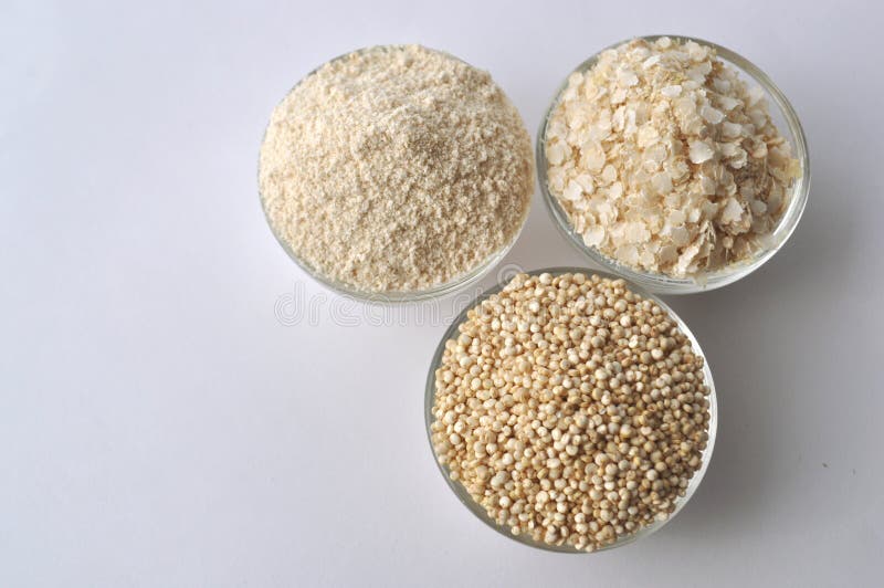 Quinoa in Three Forms Flour, Flakes and Grain. Alternative Glutenfree Grain Stock Image